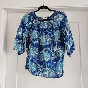 LOFT Blue Paisley Smocked Neck Blouse